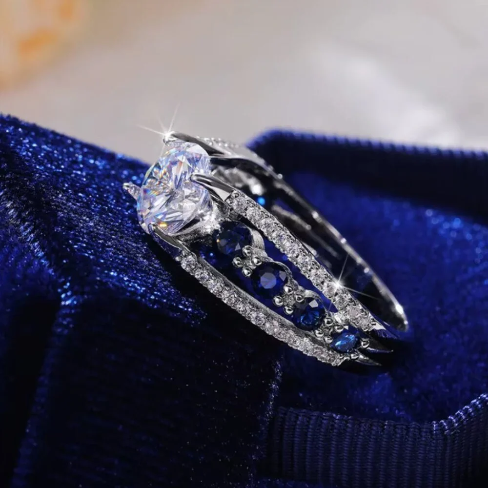 NEW 14k White Gold Blue Sapphire Diamond Ring Oval Cut Ring
